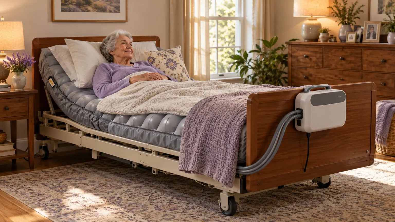 Powered pressure support mattress with control pump beside a homecare bed.
