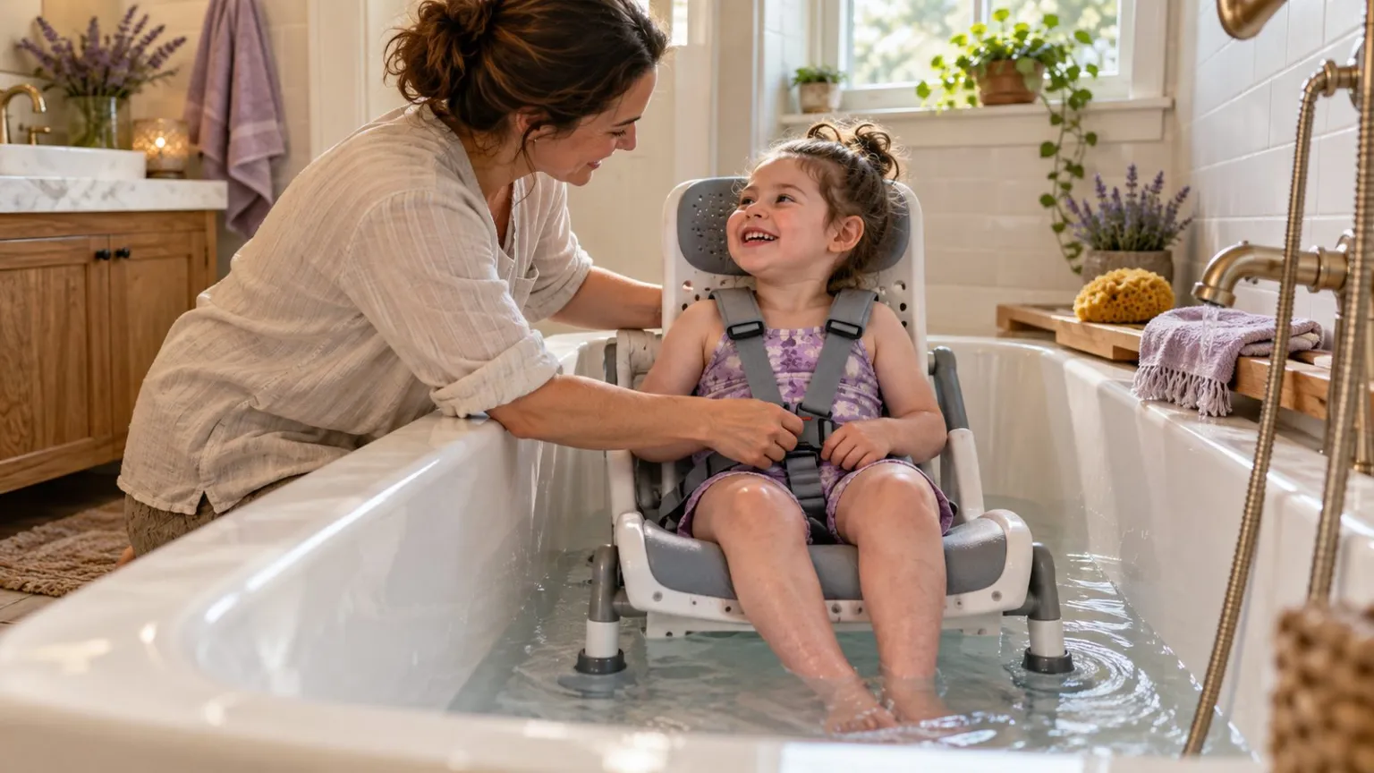 Pediatric bath chair positioned inside a bathtub.
