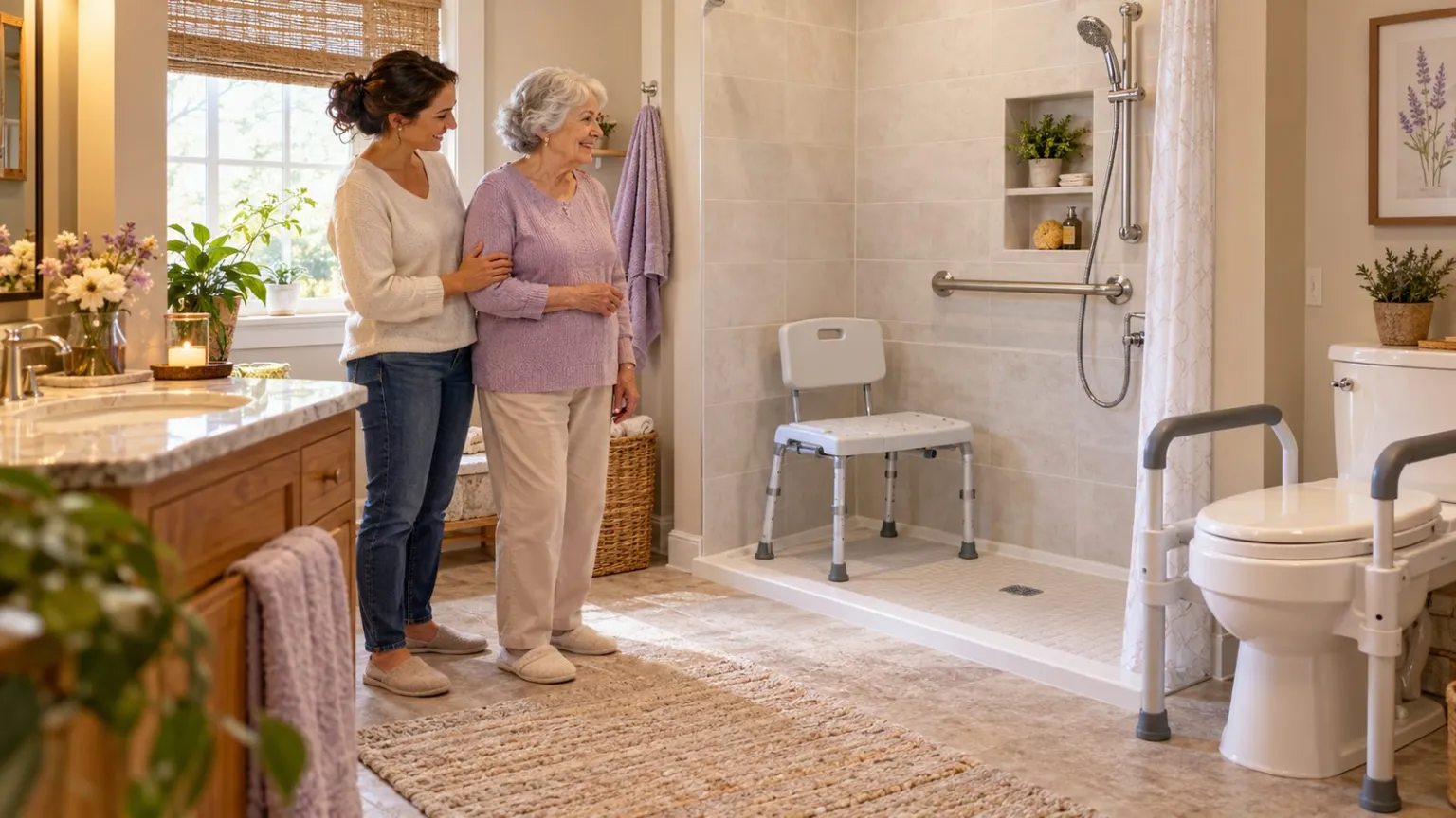 Bathroom fitted with seating, grab bar, handheld shower and toilet support.