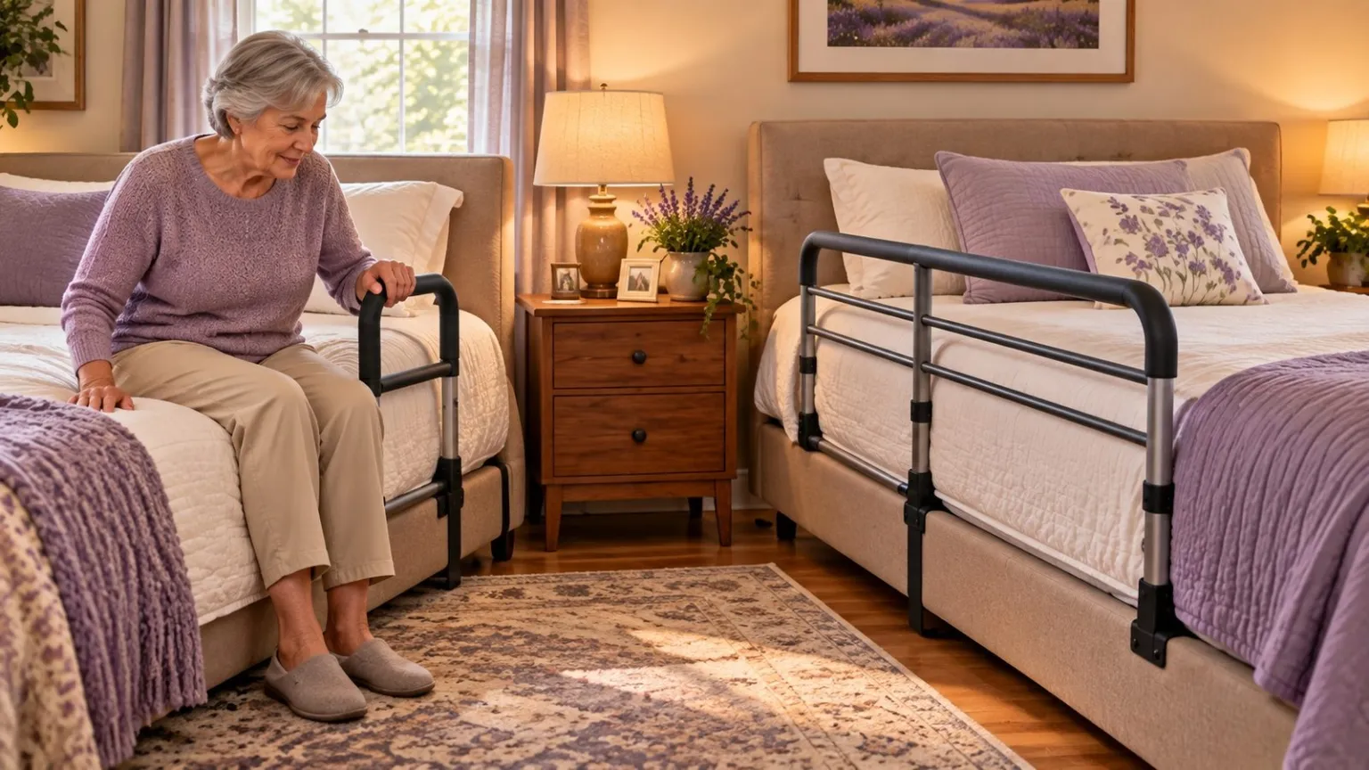 Bed assist handle and longer bed rail fitted beside a homecare mattress.