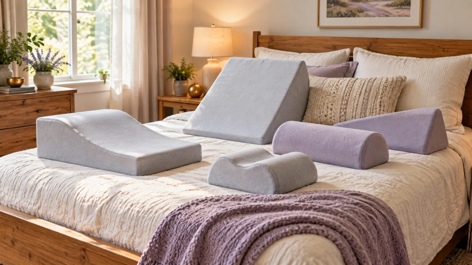 Foam bed wedges and positioning cushions beside a homecare bed.
