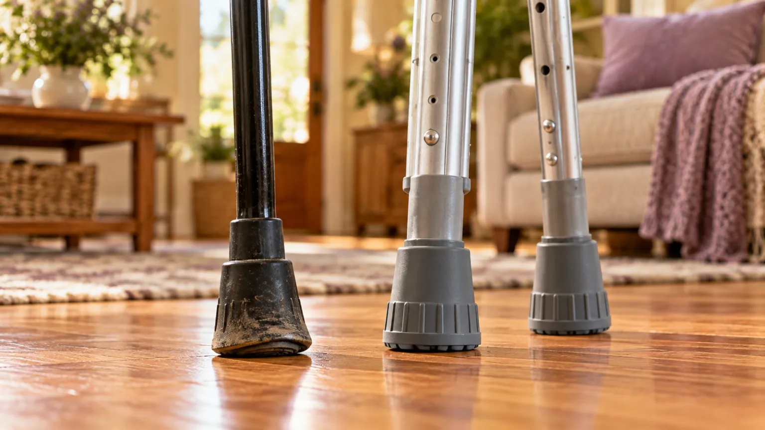 Worn and intact rubber tips beside a cane and crutches.