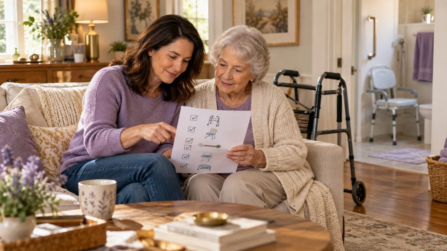 Adult child reviewing home care equipment needs with an older parent.