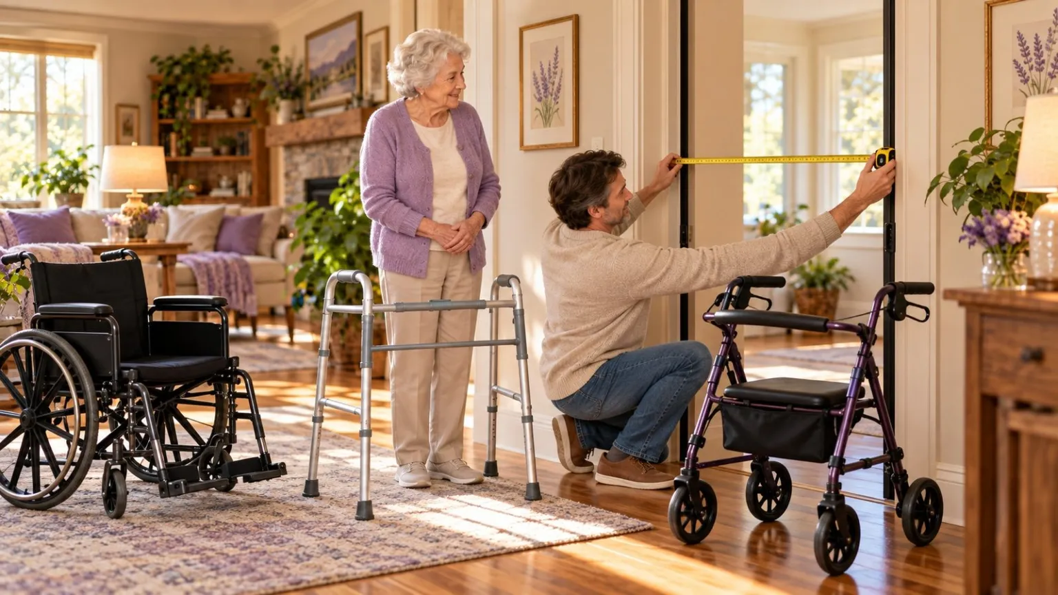 Family member measuring a doorway beside higher capacity mobility equipment.