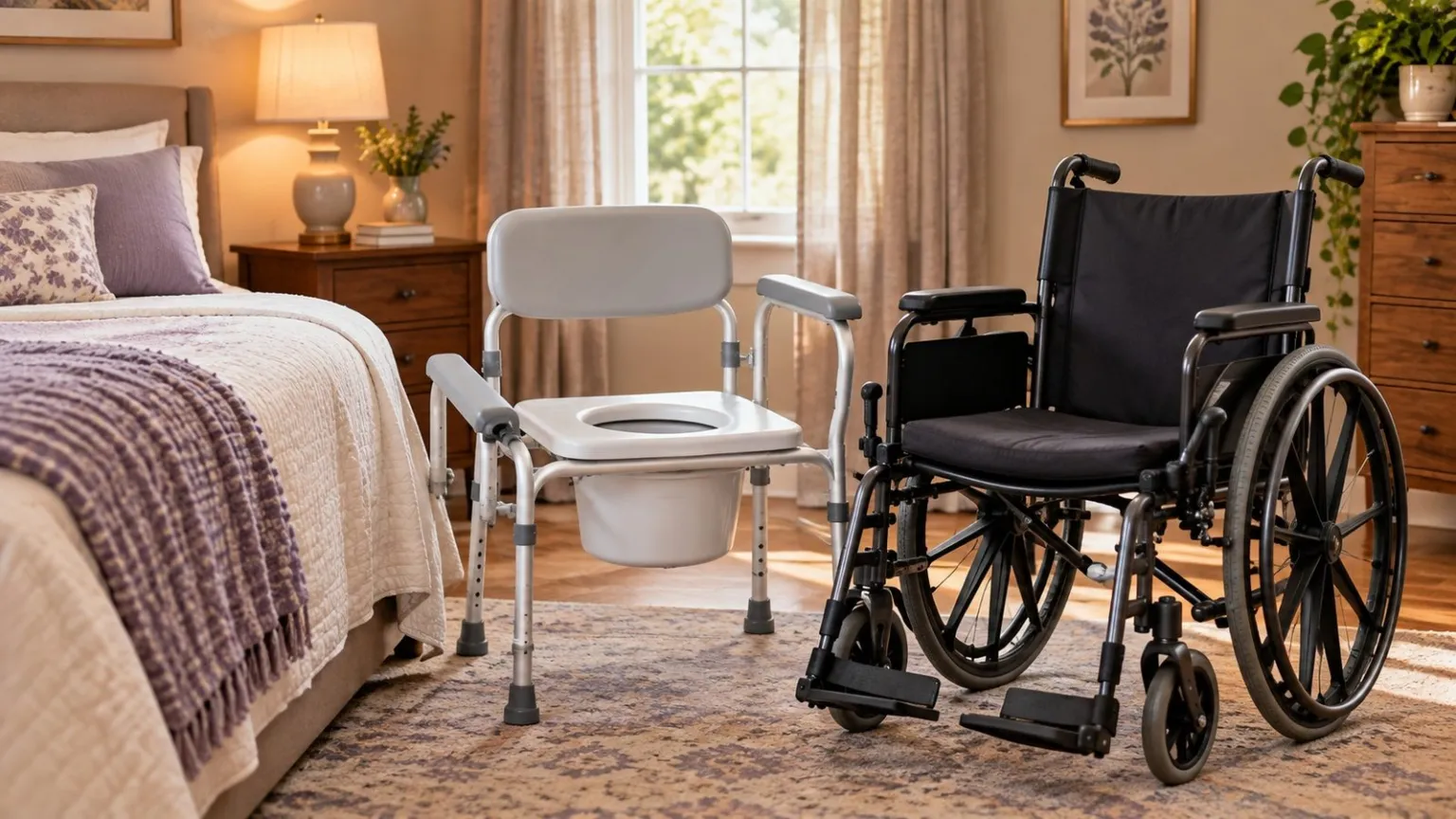 Drop arm commode beside a wheelchair with one arm lowered.
