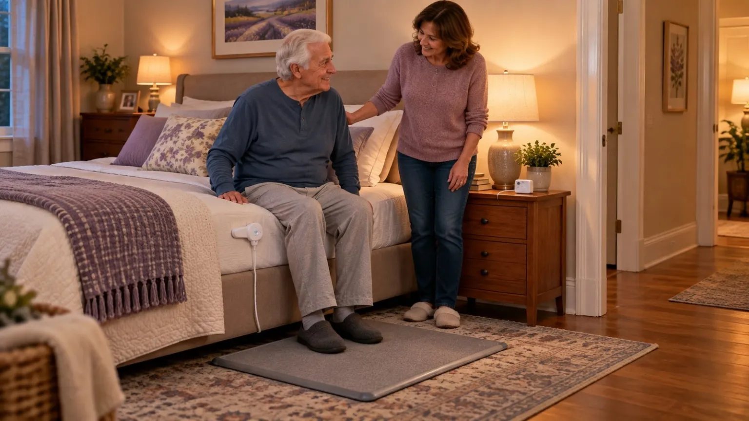 Bed alarm equipment and bedside floor mat beside a homecare bed.