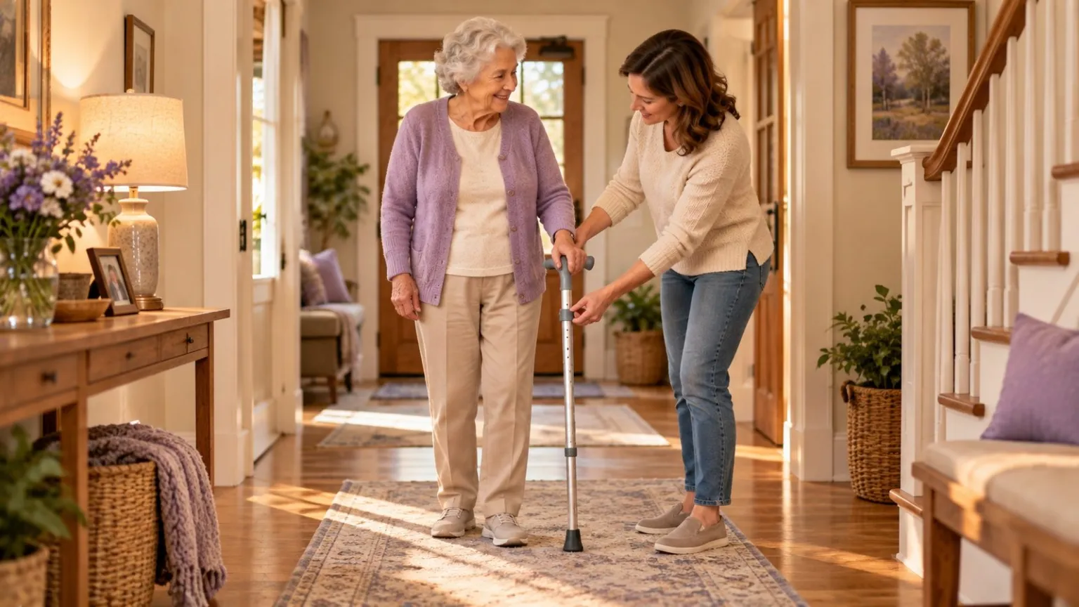 Older adult having the height of an adjustable cane checked.