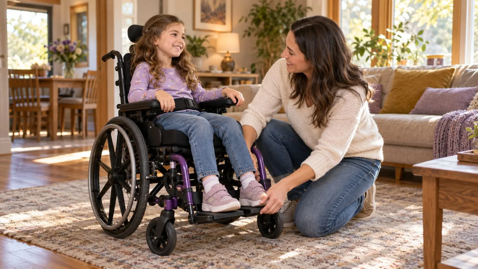 Therapist checking the fit of a child's wheelchair.
