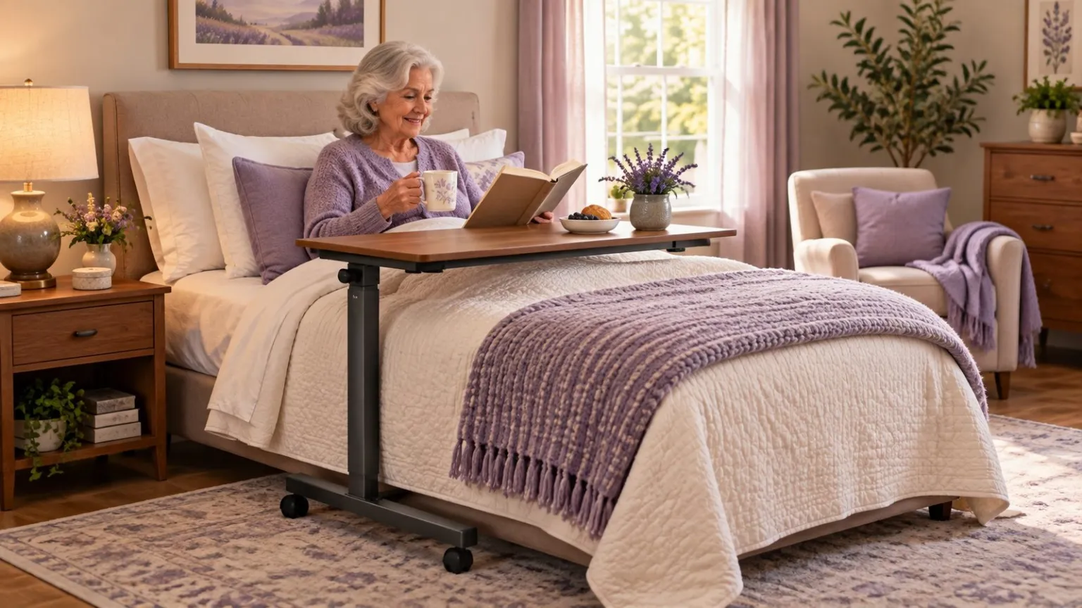 Overbed table positioned across a homecare bed.