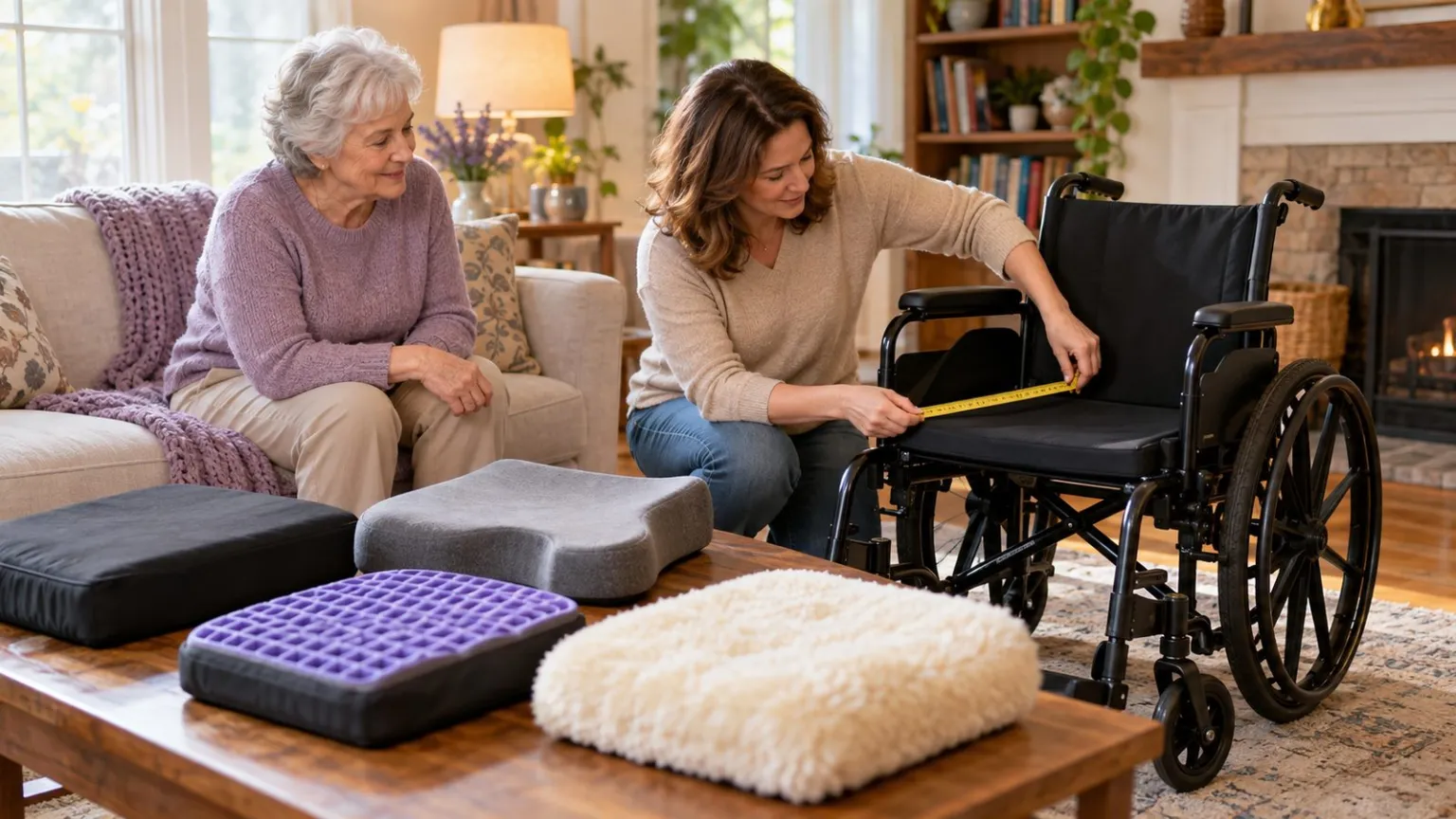 Wheelchair seat being measured beside several cushion types.