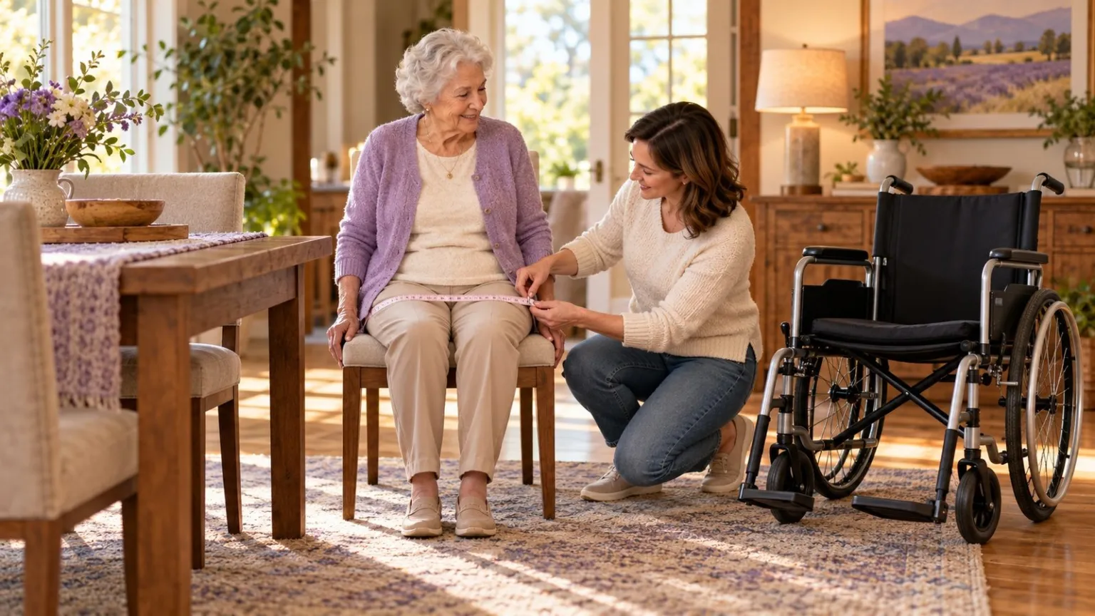 Family member measuring an older adult's seated hip width with a wheelchair nearby.