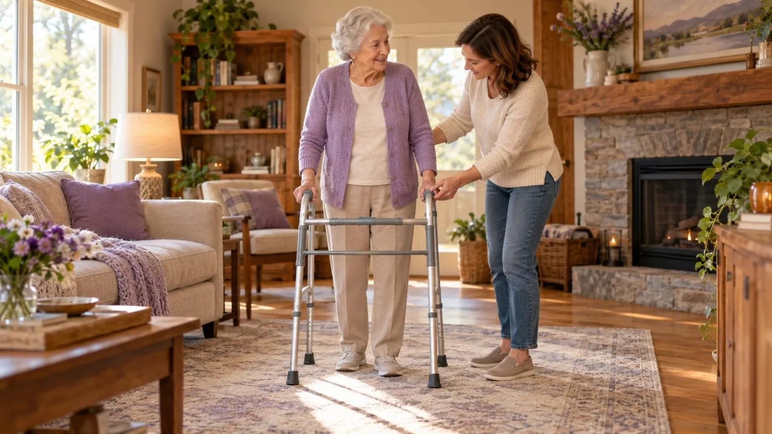 Older adult standing behind a walker while a family member checks the handle height.