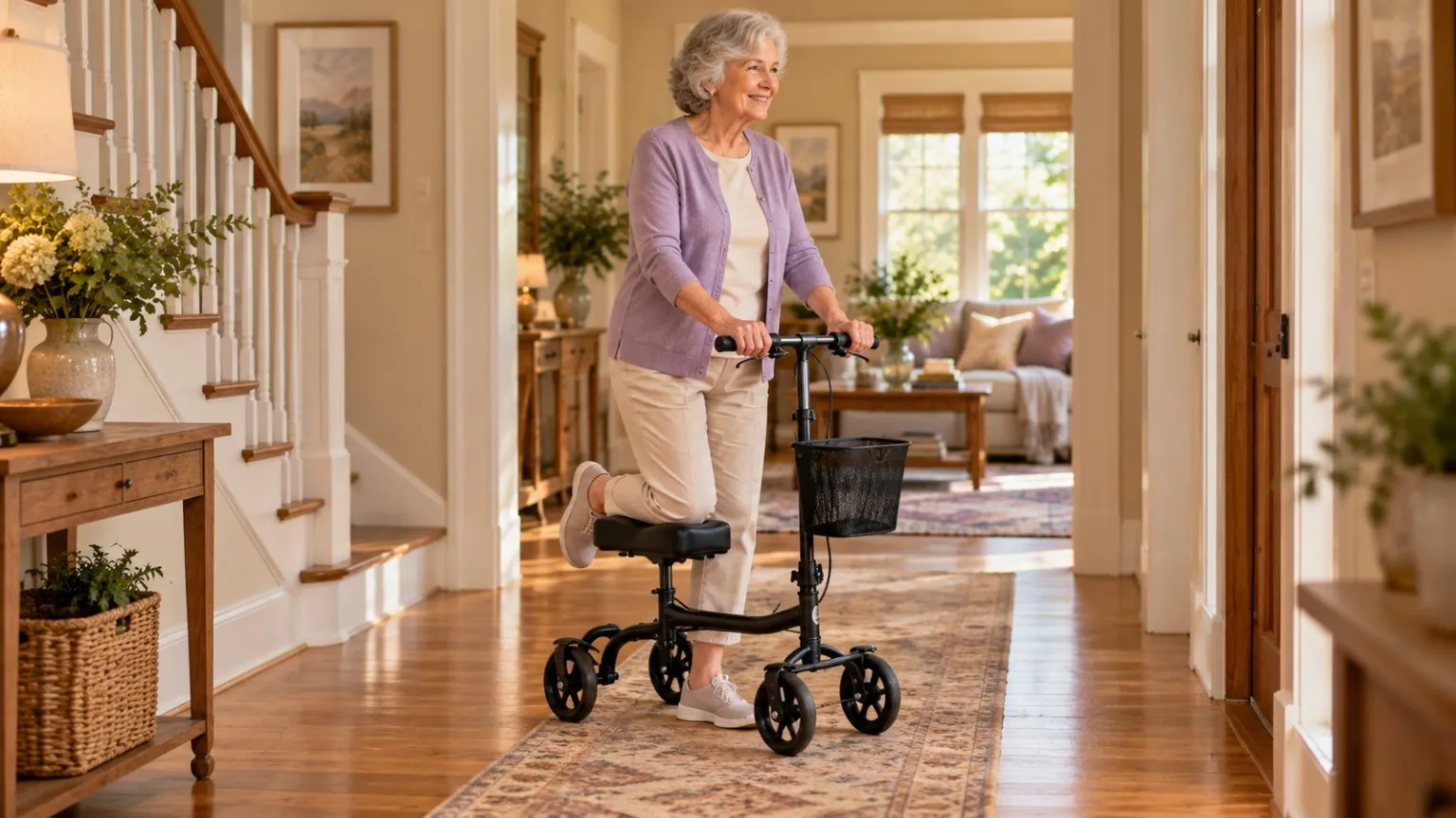 Adult standing with one leg supported on a knee walker.