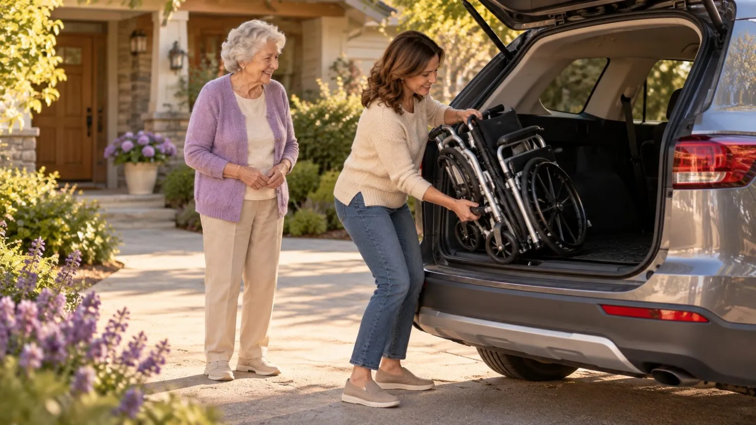 Family member preparing to lift a folded wheelchair into a vehicle.