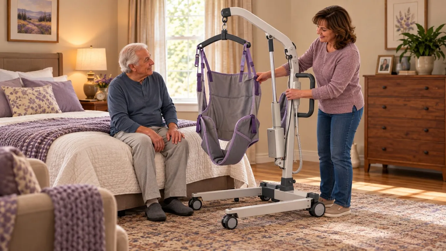 Patient lift and sling positioned beside a homecare bed.