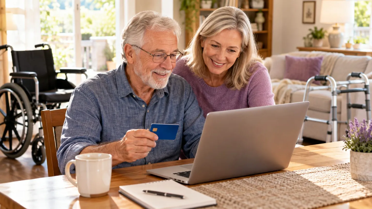 Older adult and family member preparing to pay for home medical equipment online.