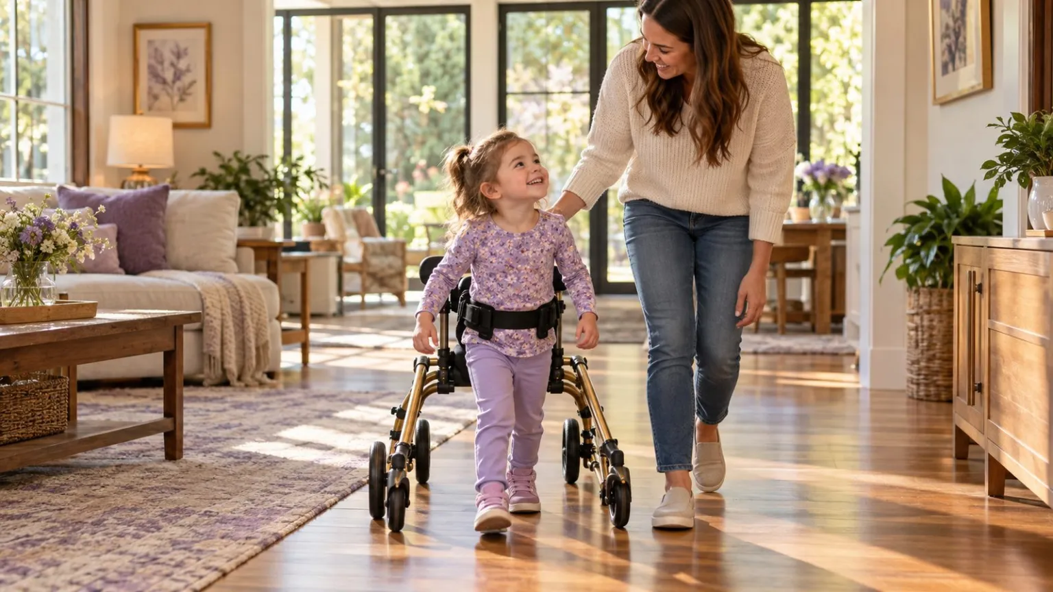 Child using a posterior walker with a physical therapist nearby.