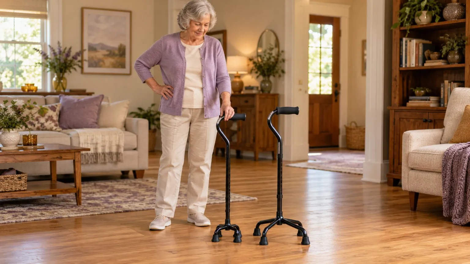 Small base and large base quad canes shown side by side.
