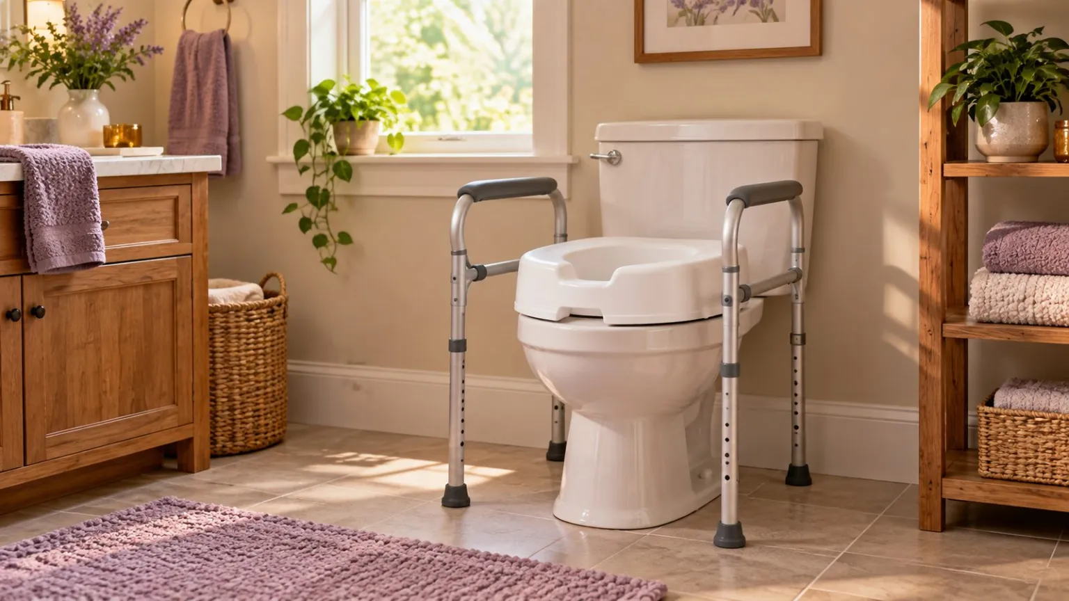 Raised toilet seat with safety frame around a bathroom toilet.