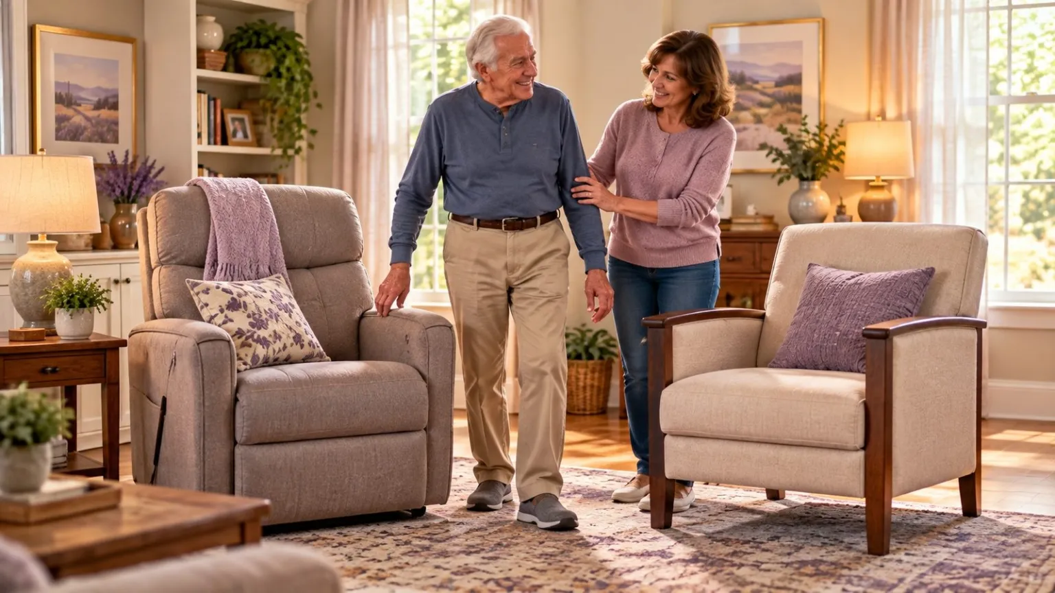 Hip high chair and patient recliner in a home living area.