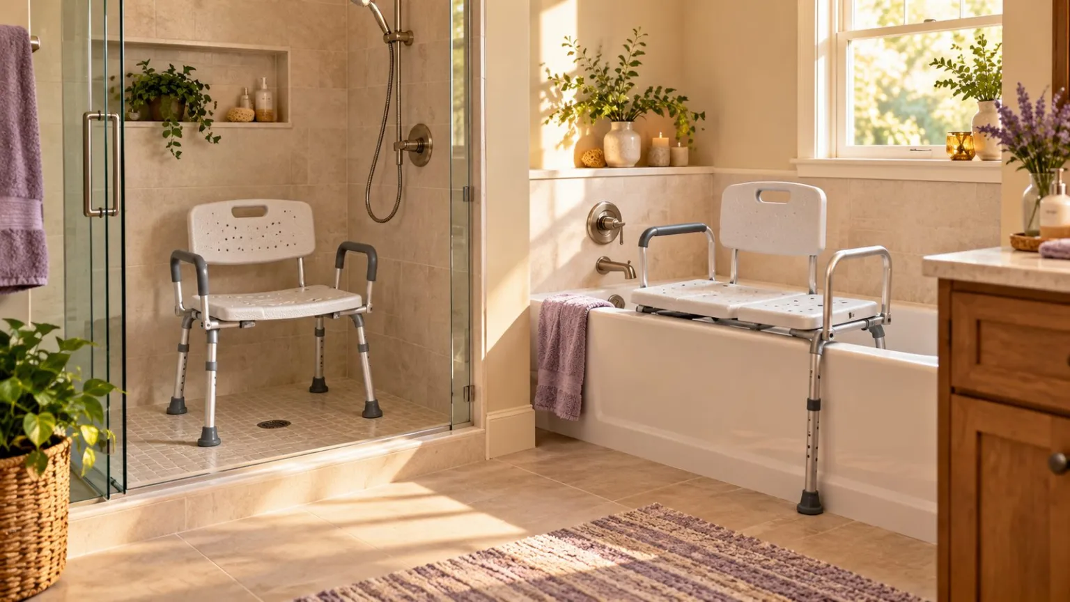 Shower chair and transfer bench shown in a bathroom.