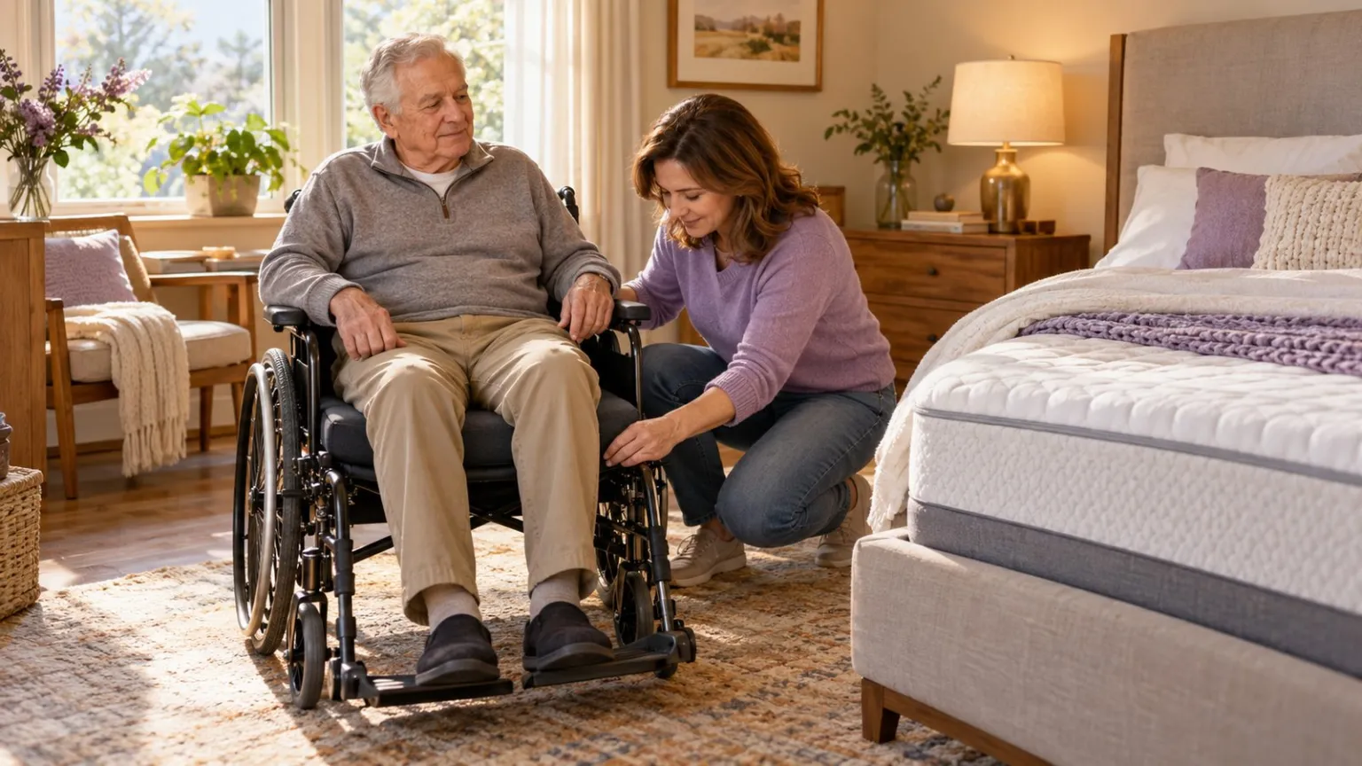 Caregiver checking a wheelchair cushion and homecare mattress.