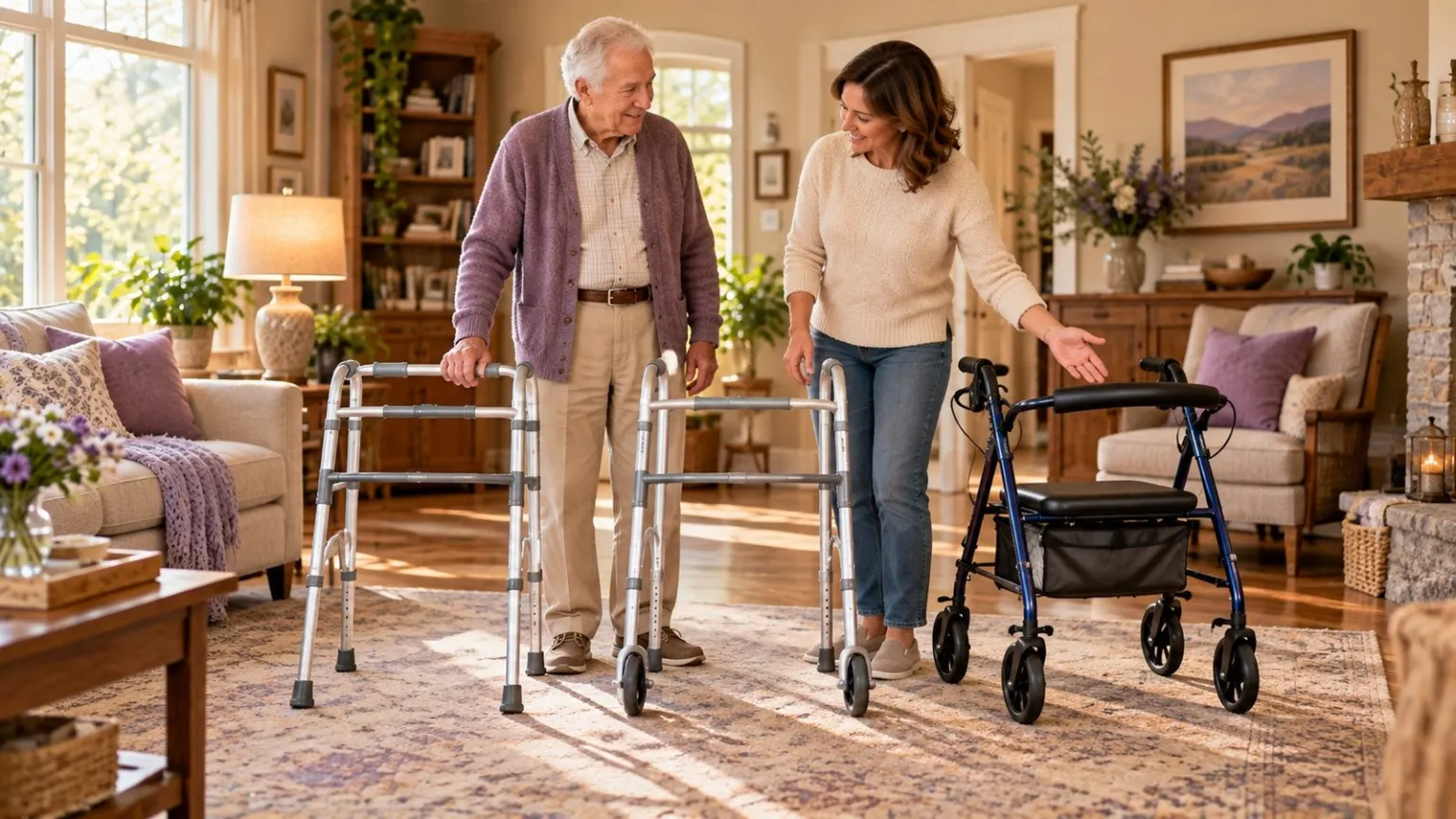Standard walker, two wheel walker and rollator lined up in a living room for comparison.