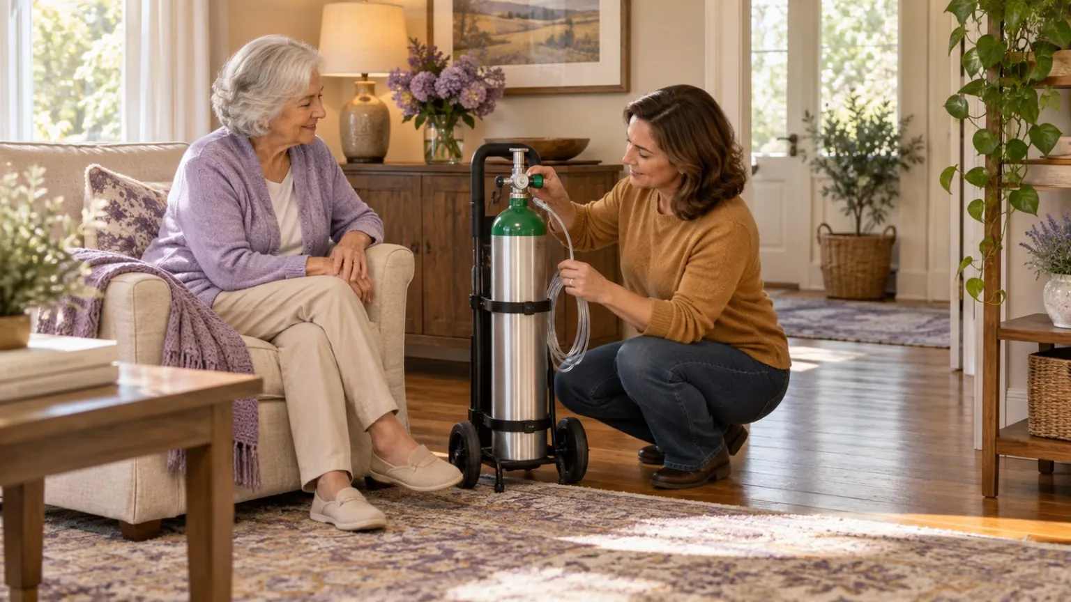 Oxygen cylinder secured upright in a wheeled holder at home.