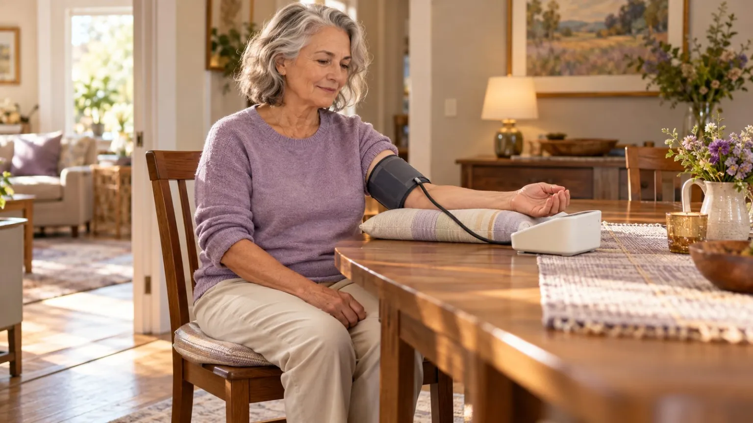 Older adult using an upper arm blood pressure monitor while seated at a table.