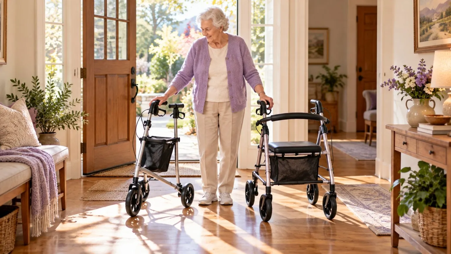 Three wheel and four wheel rollators shown side by side near a doorway.