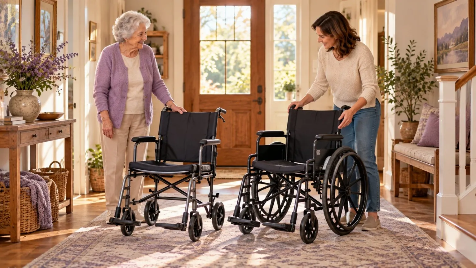 Transport chair with small rear wheels beside a standard wheelchair with large rear wheels.
