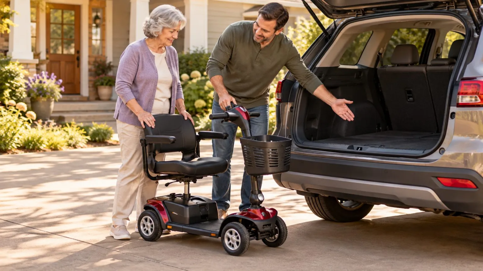 Portable mobility scooter beside the open cargo area of a vehicle.