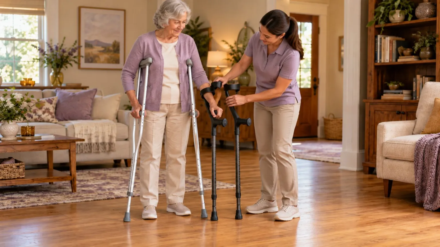 Underarm crutches and forearm crutches shown beside an adult.