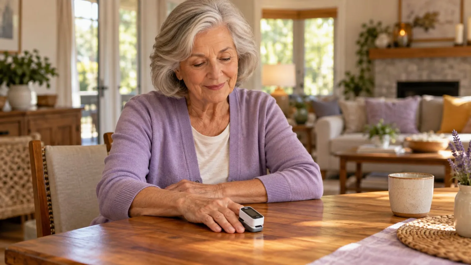 Older adult using a fingertip pulse oximeter with the hand resting on a table.