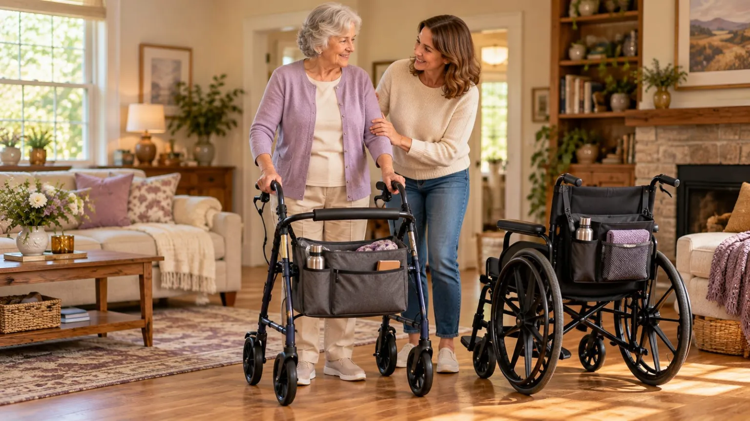 Walker and wheelchair fitted with simple storage accessories.