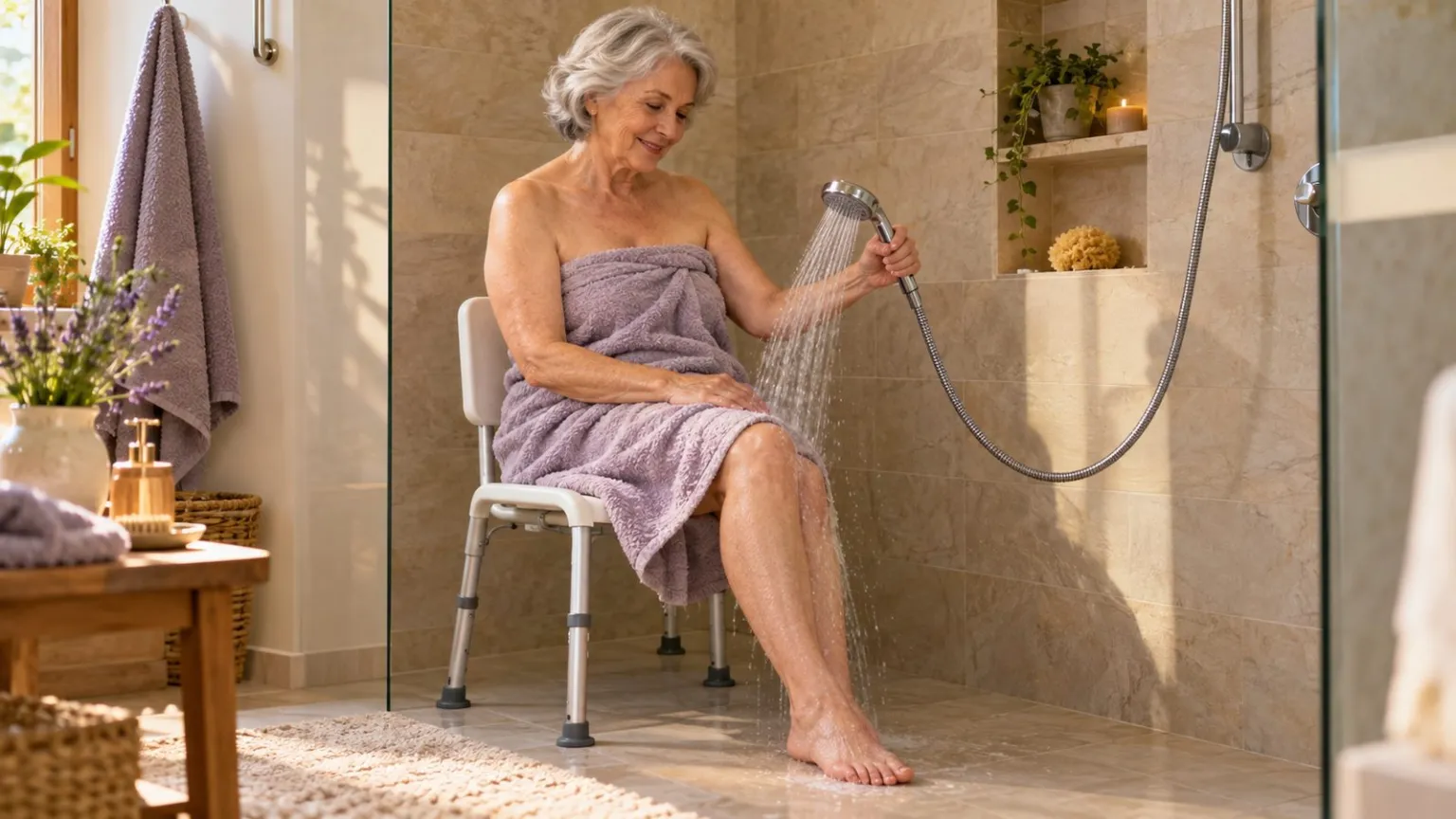 Older adult using a handheld shower spray while seated on a shower chair.