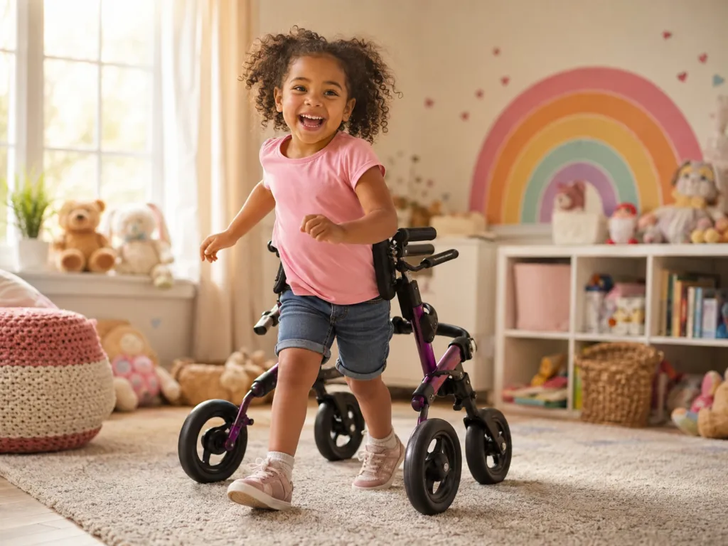 A smiling child using a posterior walker in a bright playroom
