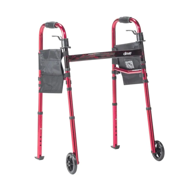 Deluxe Folding Travel Walker with 5" Wheels, Flame Red Crossbar with Red Frame, Adult