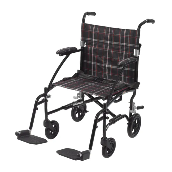Fly-Lite Aluminum Transport Chair, BLACK FRAME WITH BLACK / WHITE/ RED PLAID UPHOLSTERY