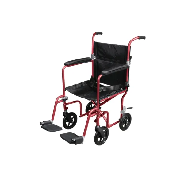 Deluxe Fly-Weight Aluminum Transport Chair with Removable Casters, Red Frame and Black Upholstery, Seat Width 19"